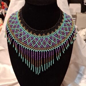 Handcrafted Tribal Beaded Collar Necklace - Purple Blue Gold